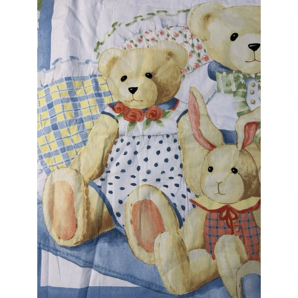 Teddy Bear Family & Rabbits Baby Crib Quilt Finished Unisex‎ Handmade 50x38